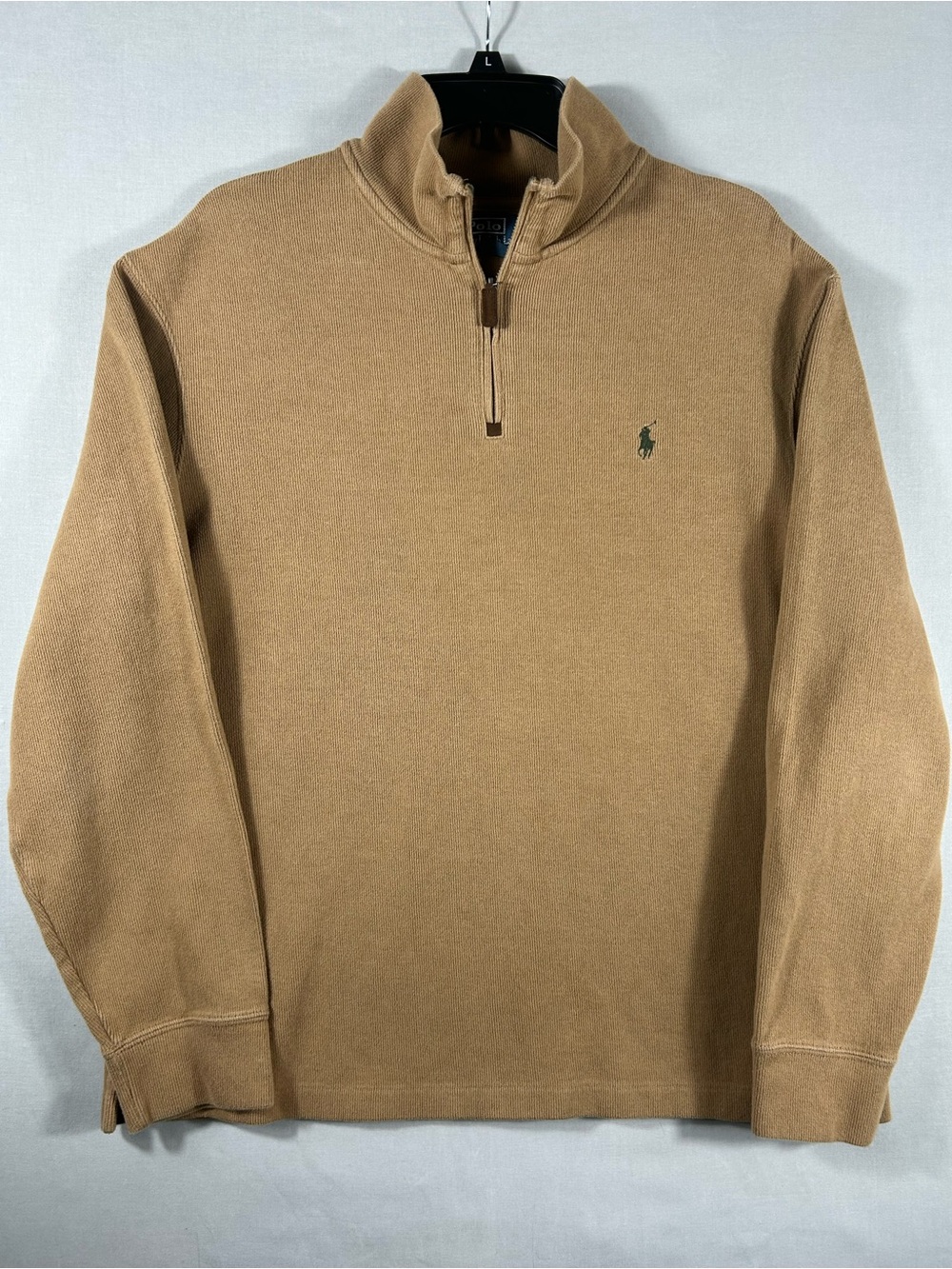Polo Ralph Lauren Sweater Mens XL 1/4 Zip Tan Mock Neck Green Logo 100% Cotton